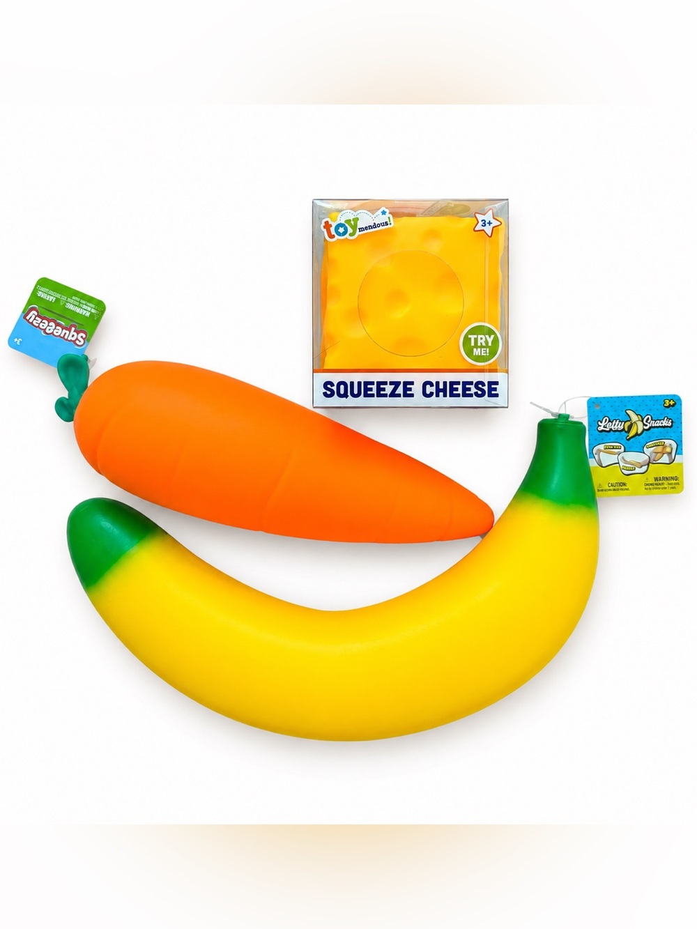 Toymendous Squishy Fidget Toy Bundle Cheese Giant Banana Carrot Set NWT